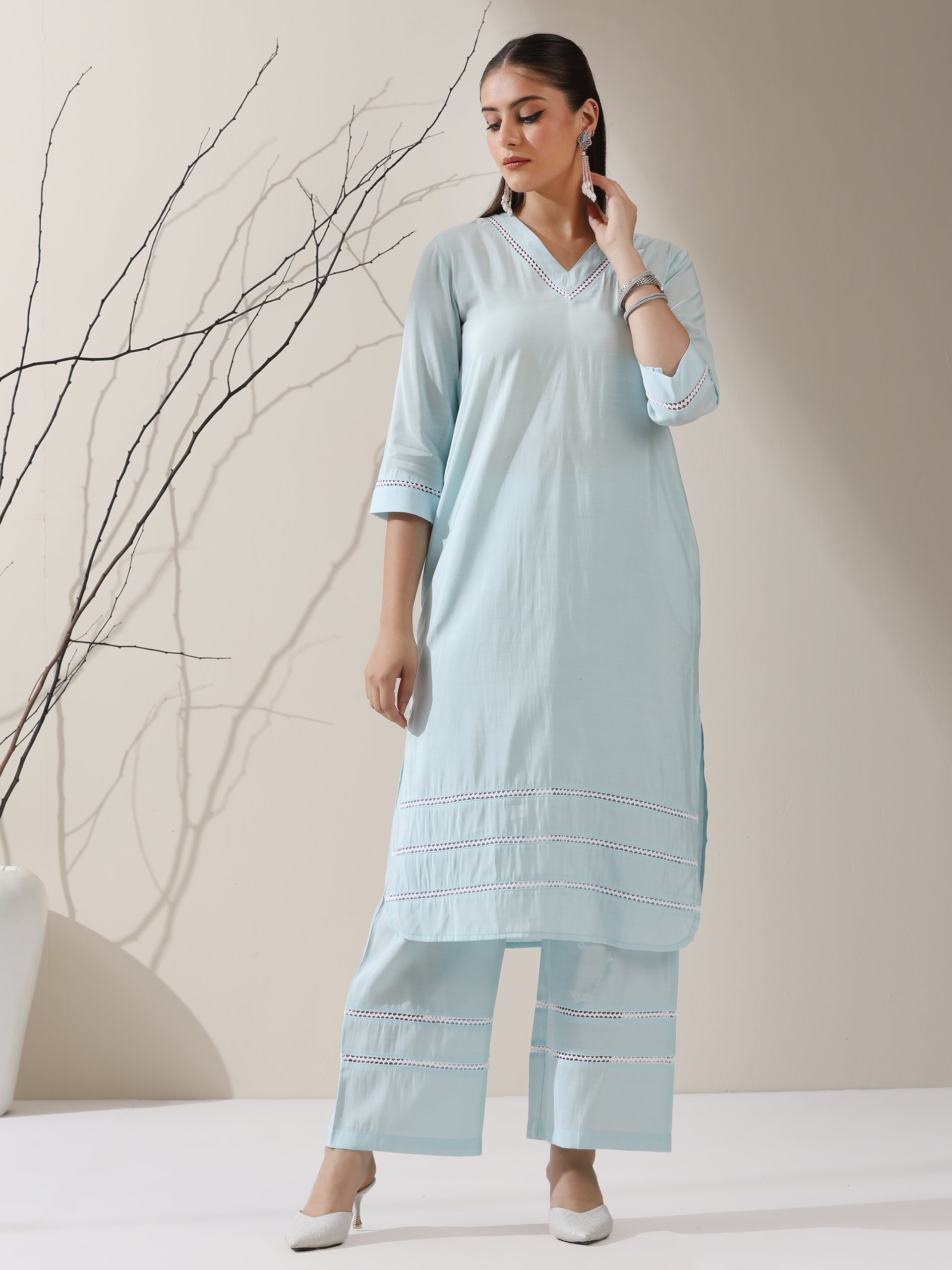 Women's Light Blue AirSkin V-Neck Kurta with Lace Insets & Pants | 2 Pc Set, Soft & Breathable Ethnic Co-ord, Elegant Summer Wear
