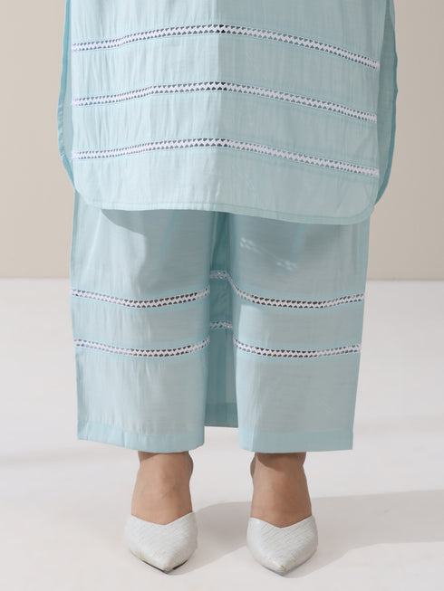 Women's Light Blue AirSkin V-Neck Kurta with Lace Insets & Pants | 2 Pc Set, Soft & Breathable Ethnic Co-ord, Elegant Summer Wear