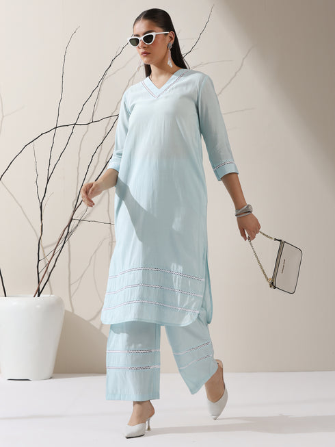 Women's Light Blue AirSkin V-Neck Kurta with Lace Insets & Pants | 2 Pc Set, Soft & Breathable Ethnic Co-ord, Elegant Summer Wear