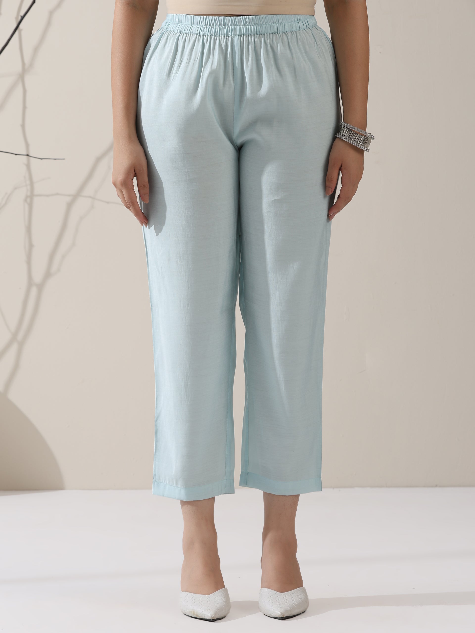 2-Piece Blue AirSkin Kurta Set for Women – Japanese-Inspired Design with Pearl Detailing & Matching Pants