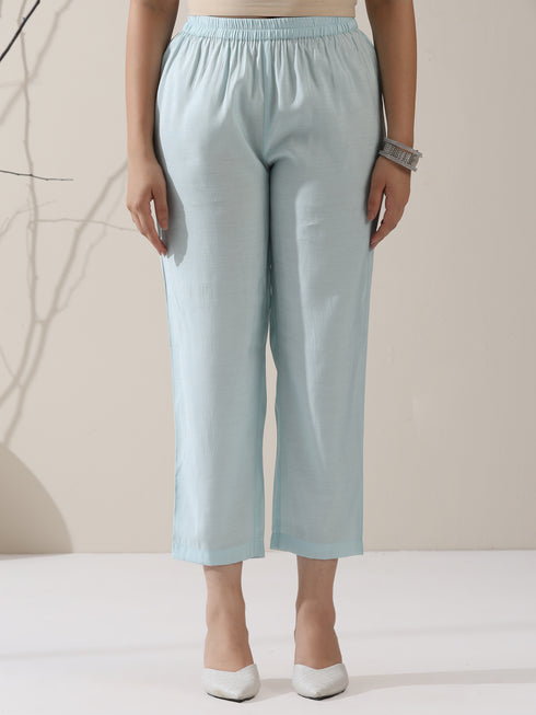 2-Piece Blue AirSkin Kurta Set for Women – Japanese-Inspired Design with Pearl Detailing & Matching Pants