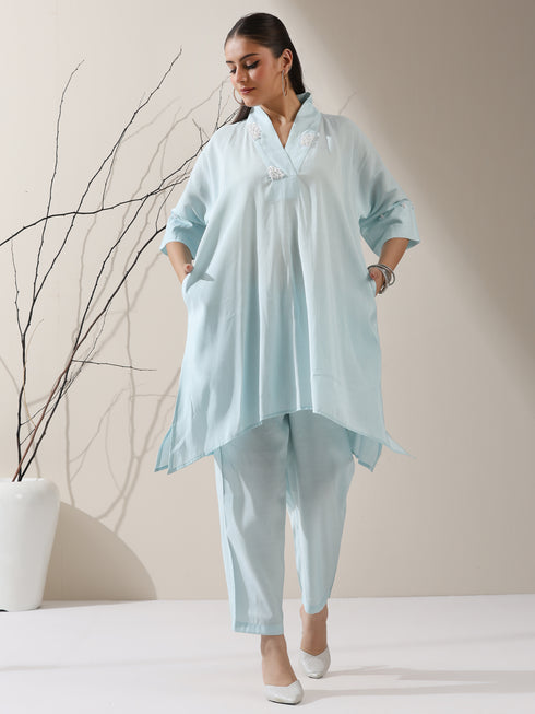 2-Piece Blue AirSkin Kurta Set for Women – Japanese-Inspired Design with Pearl Detailing & Matching Pants