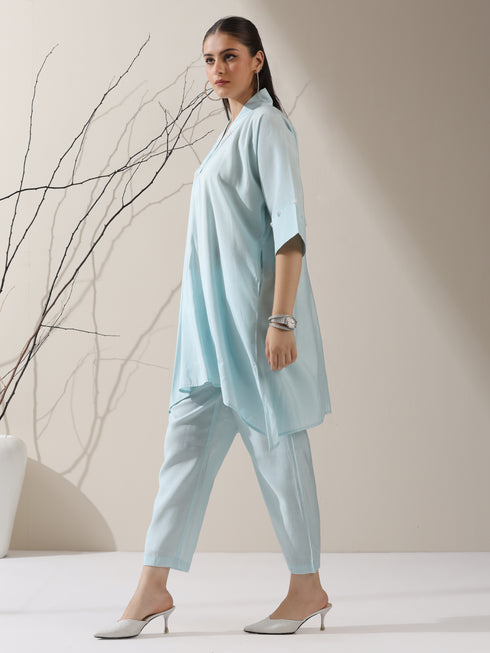 2-Piece Blue AirSkin Kurta Set for Women – Japanese-Inspired Design with Pearl Detailing & Matching Pants