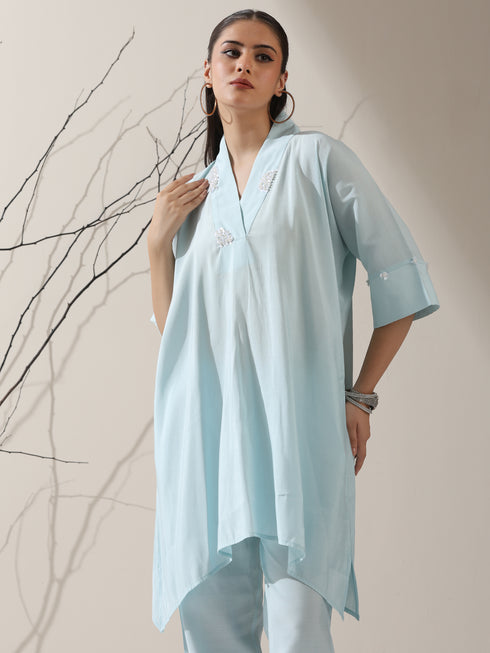 2-Piece Blue AirSkin Kurta Set for Women – Japanese-Inspired Design with Pearl Detailing & Matching Pants