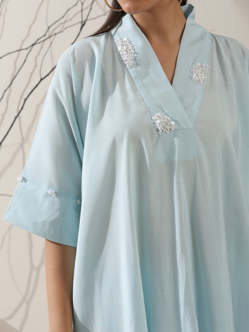 2-Piece Blue AirSkin Kurta Set for Women – Japanese-Inspired Design with Pearl Detailing & Matching Pants