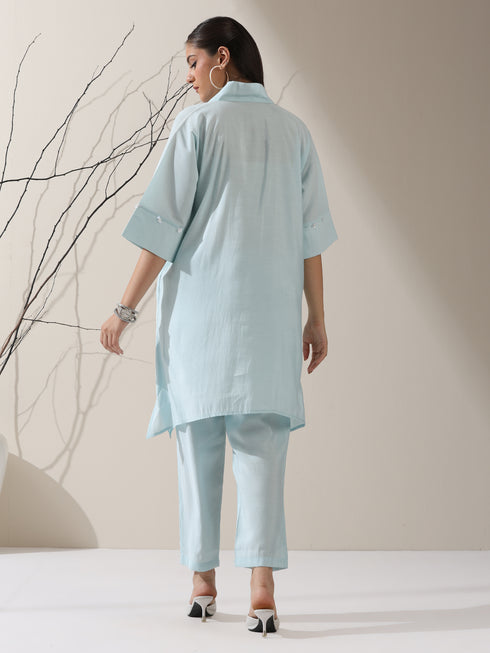 2-Piece Blue AirSkin Kurta Set for Women – Japanese-Inspired Design with Pearl Detailing & Matching Pants