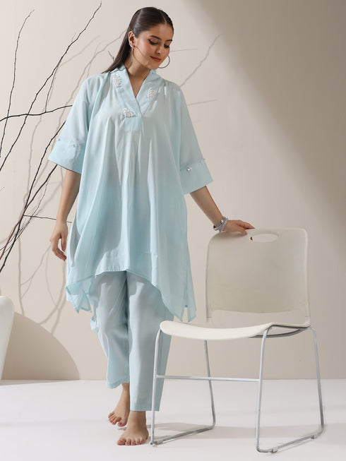 2-Piece Blue AirSkin Kurta Set for Women – Japanese-Inspired Design with Pearl Detailing & Matching Pants