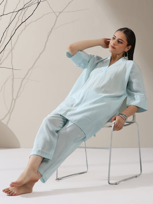2-Piece Blue AirSkin Kurta Set for Women – Japanese-Inspired Design with Pearl Detailing & Matching Pants