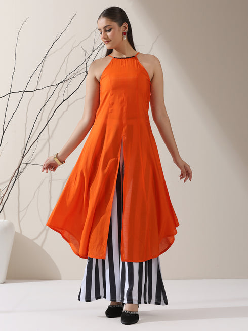 Women's Orange AirSkin Halter Top with Black Beads & Printed Striped Palazzo | 2 Pc Set, Breezy Fusion Co-ord, Bold Summer Wear