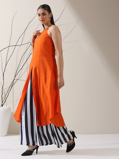 Women's Orange AirSkin Halter Top with Black Beads & Printed Striped Palazzo | 2 Pc Set, Breezy Fusion Co-ord, Bold Summer Wear