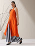 Women's Orange AirSkin Halter Top with Black Beads & Printed Striped Palazzo | 2 Pc Set, Breezy Fusion Co-ord, Bold Summer Wear