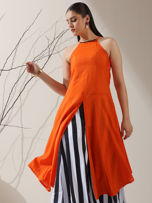 Women's Orange AirSkin Halter Top with Black Beads & Printed Striped Palazzo | 2 Pc Set, Breezy Fusion Co-ord, Bold Summer Wear