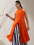 Women's Orange AirSkin Halter Top with Black Beads & Printed Striped Palazzo | 2 Pc Set, Breezy Fusion Co-ord, Bold Summer Wear