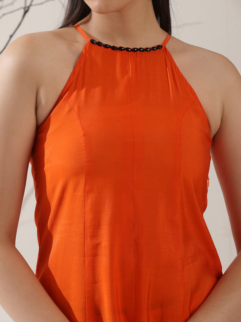 Women's Orange AirSkin Halter Top with Black Beads & Printed Striped Palazzo | 2 Pc Set, Breezy Fusion Co-ord, Bold Summer Wear