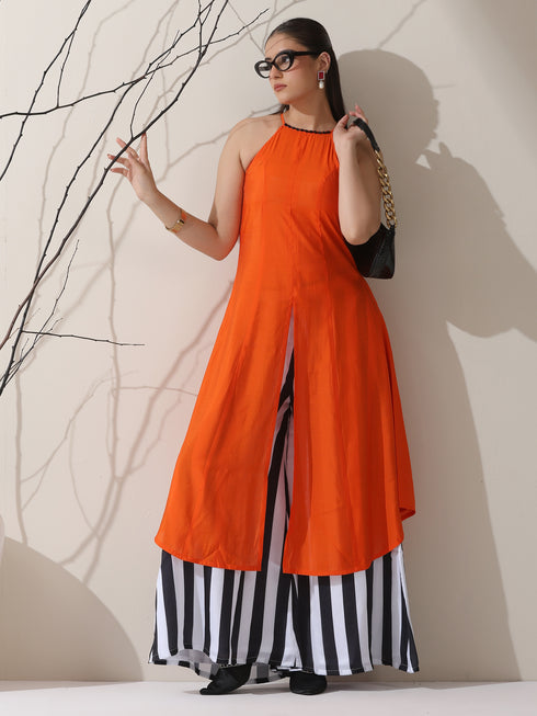Women's Orange AirSkin Halter Top with Black Beads & Printed Striped Palazzo | 2 Pc Set, Breezy Fusion Co-ord, Bold Summer Wear