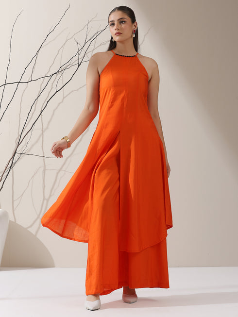 Women's Orange AirSkin Halter Kurta with Black Bead Detailing & Palazzo | 2 Pc Set, Breezy Ethnic Co-ord, Bold Festive Wear