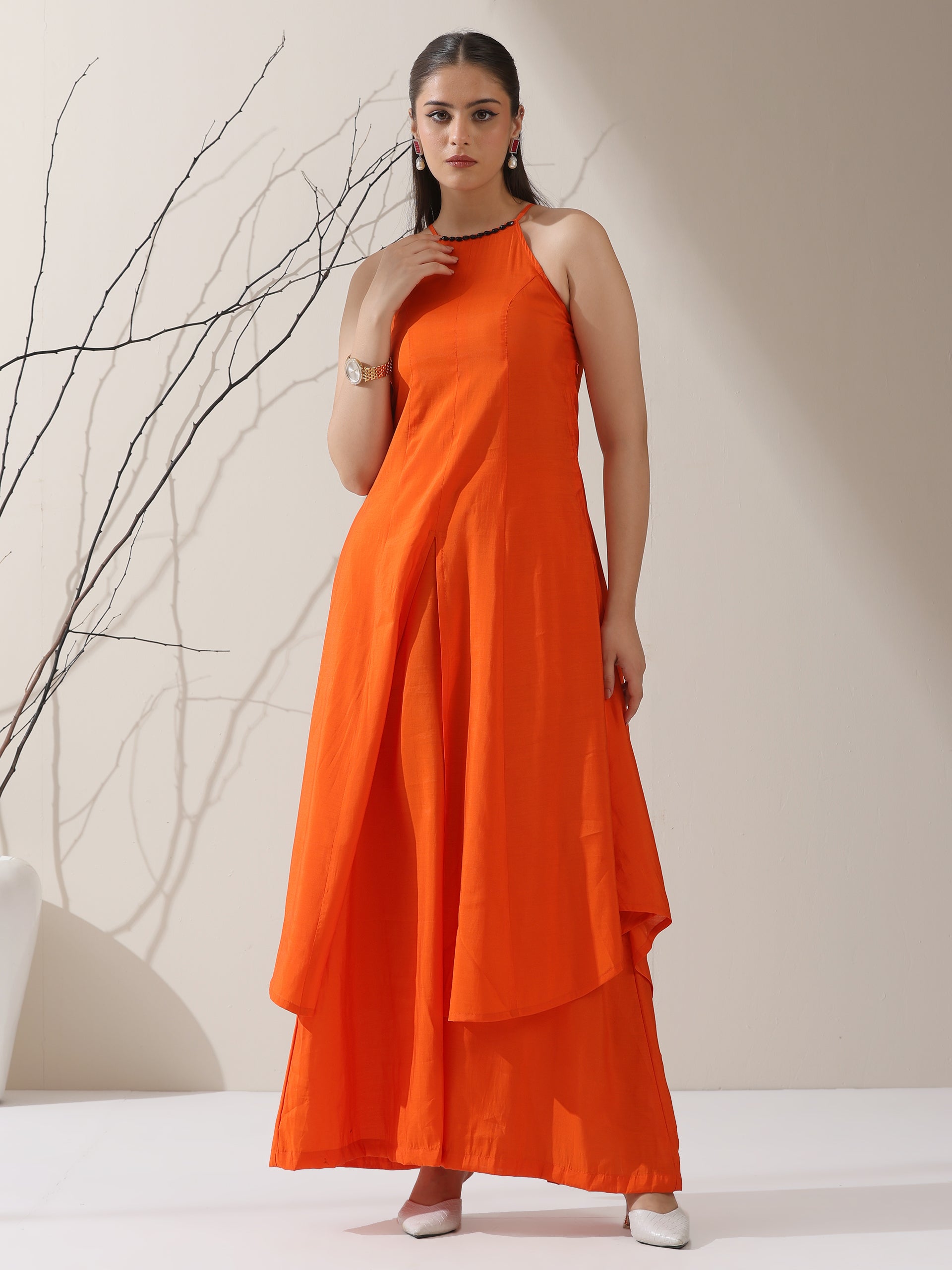 Women's Orange AirSkin Halter Kurta with Black Bead Detailing & Palazzo | 2 Pc Set, Breezy Ethnic Co-ord, Bold Festive Wear