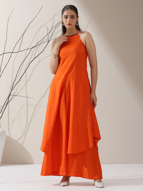 Women's Orange AirSkin Halter Kurta with Black Bead Detailing & Palazzo | 2 Pc Set, Breezy Ethnic Co-ord, Bold Festive Wear