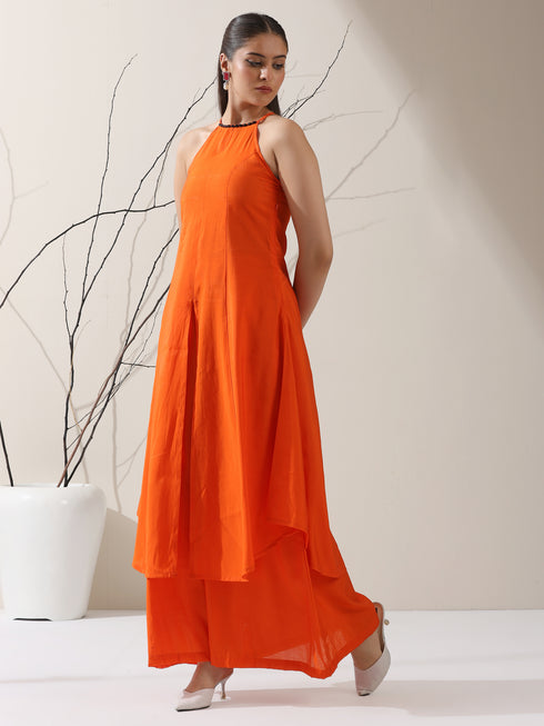 Women's Orange AirSkin Halter Kurta with Black Bead Detailing & Palazzo | 2 Pc Set, Breezy Ethnic Co-ord, Bold Festive Wear
