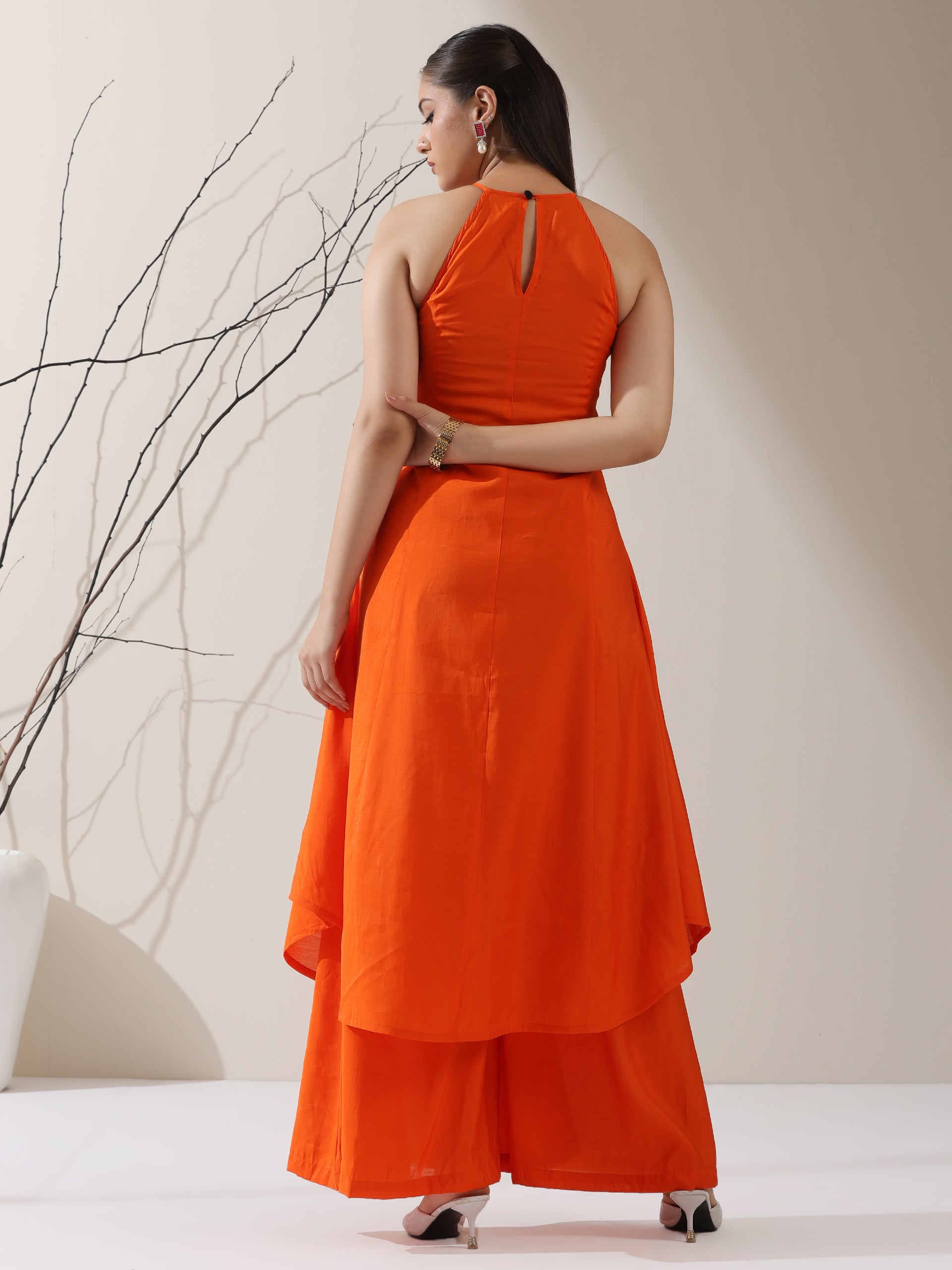 Women's Orange AirSkin Halter Kurta with Black Bead Detailing & Palazzo | 2 Pc Set, Breezy Ethnic Co-ord, Bold Festive Wear