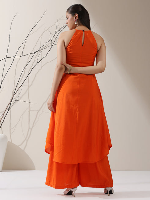 Women's Orange AirSkin Halter Kurta with Black Bead Detailing & Palazzo | 2 Pc Set, Breezy Ethnic Co-ord, Bold Festive Wear