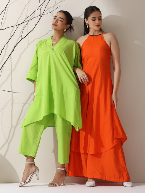 2-Piece Sinful Green Kurta Set for Women – Japanese-Inspired Design with Silver Beads & Matching Pants | Elegant Ethnic Co-ord