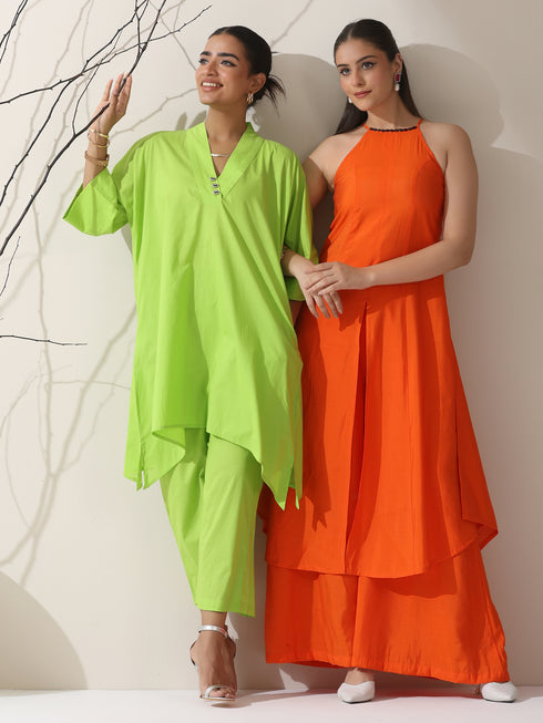 2-Piece Sinful Green Kurta Set for Women – Japanese-Inspired Design with Silver Beads & Matching Pants | Elegant Ethnic Co-ord