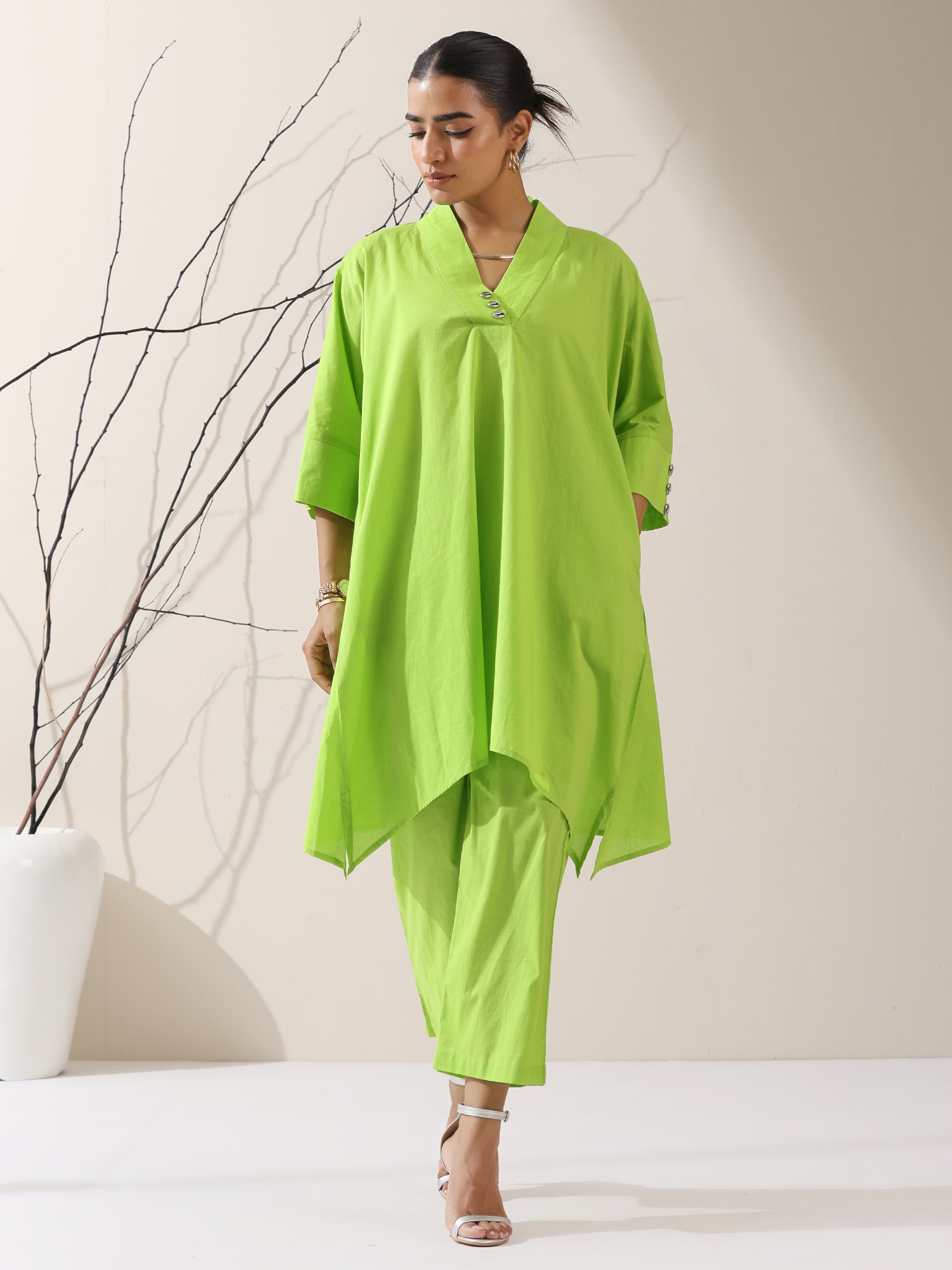 2-Piece Sinful Green Kurta Set for Women – Japanese-Inspired Design with Silver Beads & Matching Pants | Elegant Ethnic Co-ord