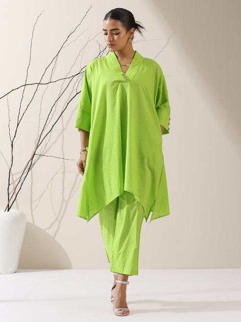 2-Piece Sinful Green Kurta Set for Women – Japanese-Inspired Design with Silver Beads & Matching Pants | Elegant Ethnic Co-ord