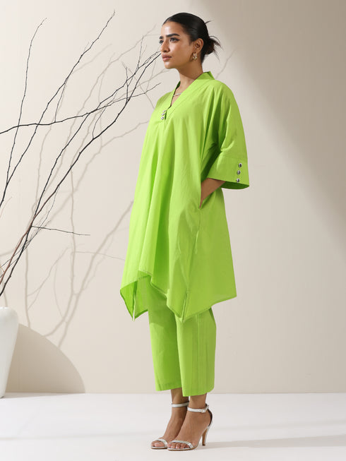 2-Piece Sinful Green Kurta Set for Women – Japanese-Inspired Design with Silver Beads & Matching Pants | Elegant Ethnic Co-ord