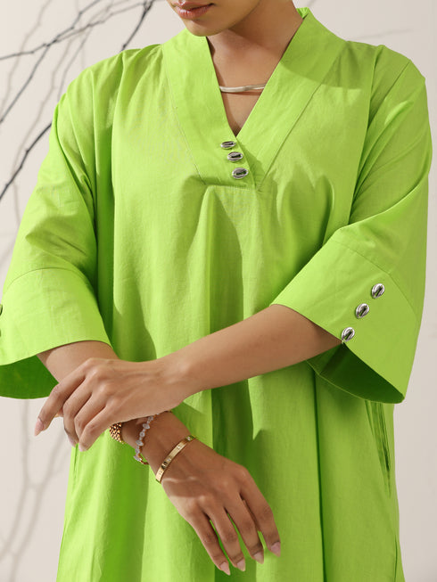 2-Piece Sinful Green Kurta Set for Women – Japanese-Inspired Design with Silver Beads & Matching Pants | Elegant Ethnic Co-ord