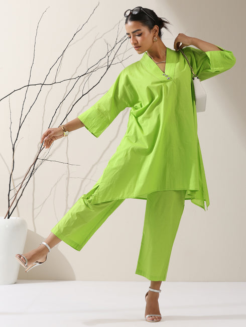 2-Piece Sinful Green Kurta Set for Women – Japanese-Inspired Design with Silver Beads & Matching Pants | Elegant Ethnic Co-ord