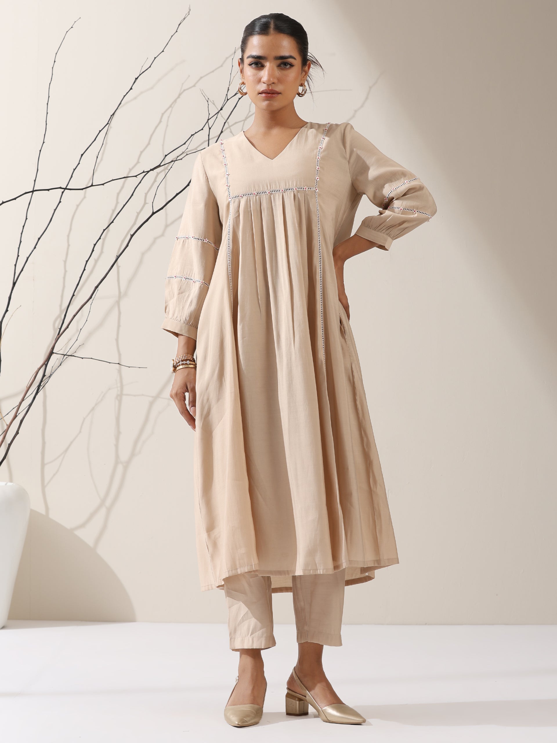 Women's Fawn AirSkin Bib Kurta with Lace & Bead Detailing and Pants | 2 Pc Set, Soft Ethnic Co-ord, Elegant Everyday Wear