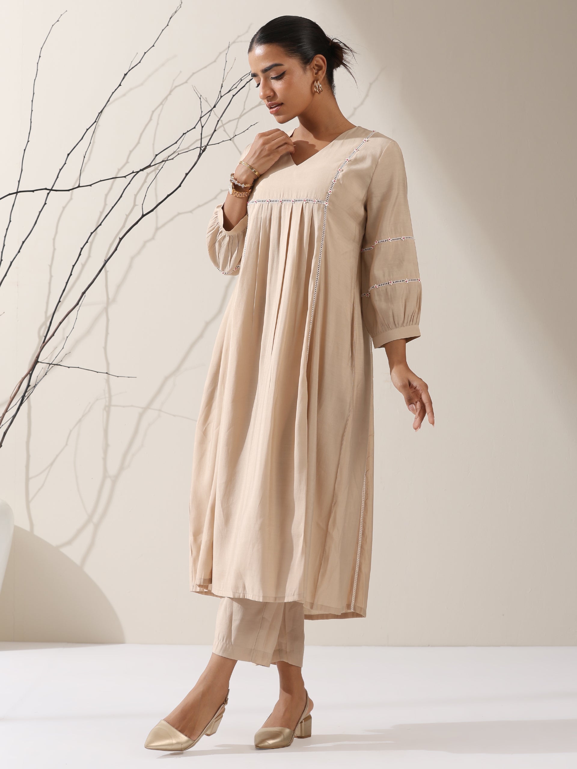 Women's Fawn AirSkin Bib Kurta with Lace & Bead Detailing and Pants | 2 Pc Set, Soft Ethnic Co-ord, Elegant Everyday Wear
