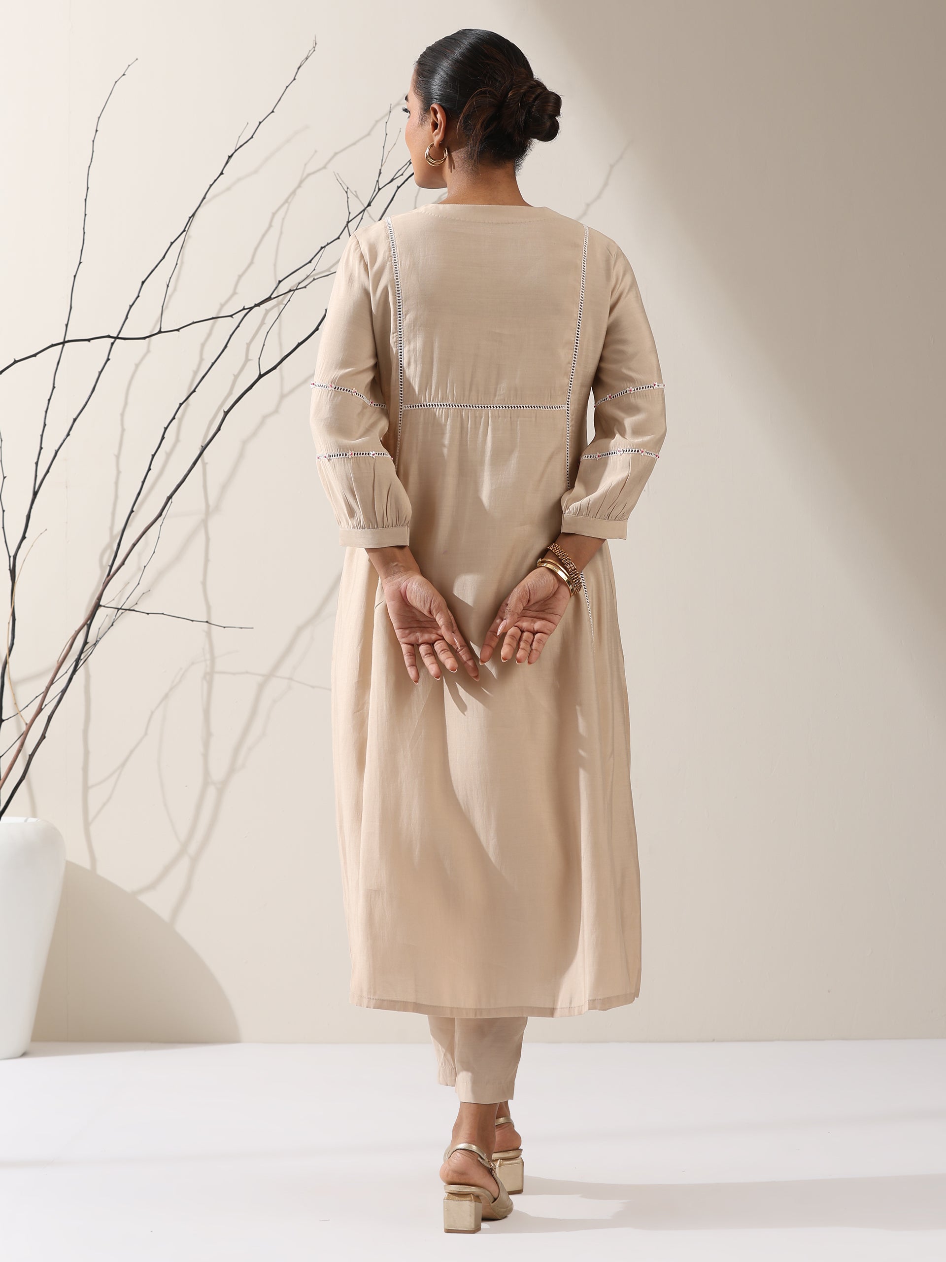 Women's Fawn AirSkin Bib Kurta with Lace & Bead Detailing and Pants | 2 Pc Set, Soft Ethnic Co-ord, Elegant Everyday Wear