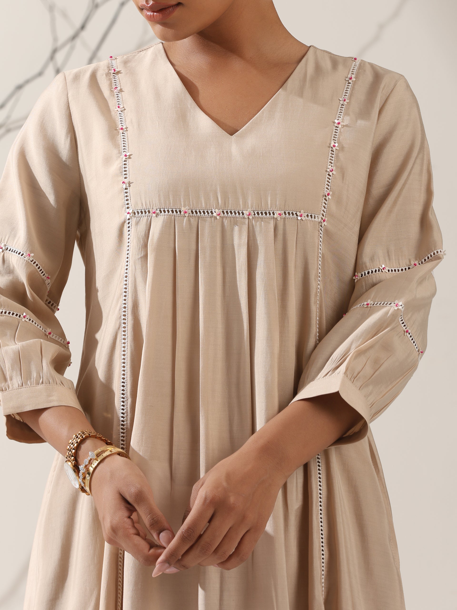 Women's Fawn AirSkin Bib Kurta with Lace & Bead Detailing and Pants | 2 Pc Set, Soft Ethnic Co-ord, Elegant Everyday Wear