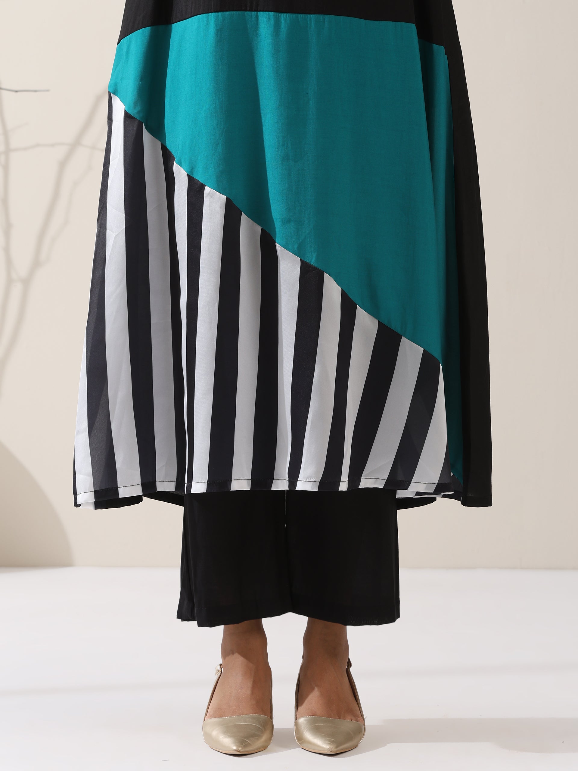 Women's Black & Teal Triangle Kurta with Striped Detailing and Pants | 2 Pc Set, Contemporary Ethnic Co-ord