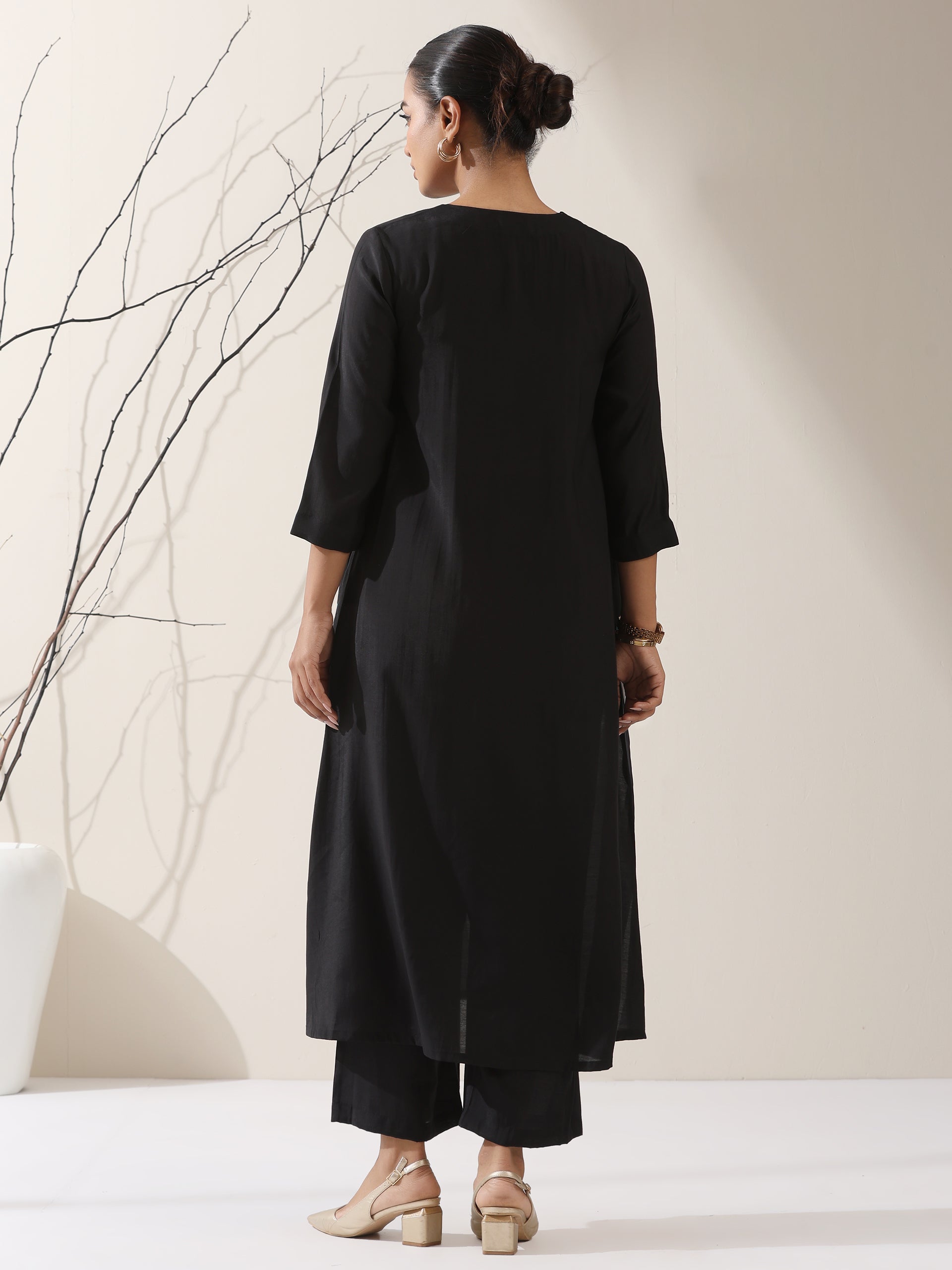 Women's Black & Teal Triangle Kurta with Striped Detailing and Pants | 2 Pc Set, Contemporary Ethnic Co-ord