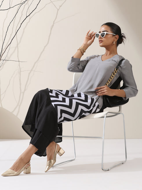 Women's Grey & Black Triangle Kurta with Striped Detailing and Pants | 2 Pc Set, Modern Ethnic Co-ord, Contemporary Color Block Style