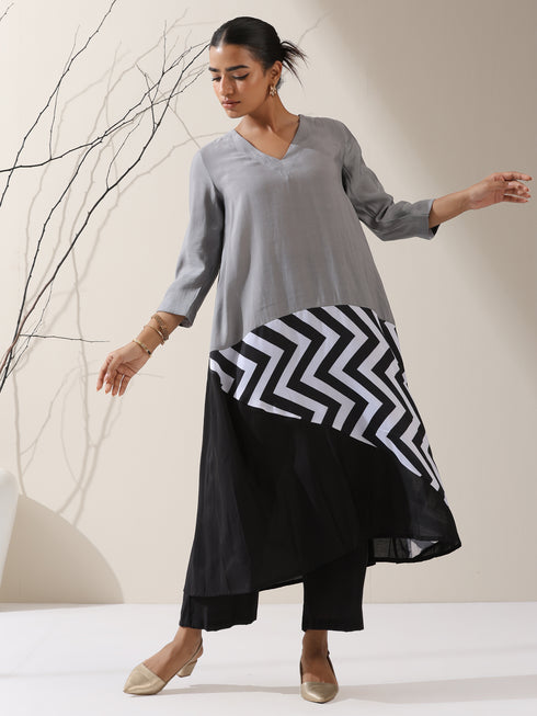 Women's Grey & Black Triangle Kurta with Striped Detailing and Pants | 2 Pc Set, Modern Ethnic Co-ord, Contemporary Color Block Style