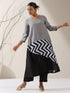 Women's Grey & Black Triangle Kurta with Striped Detailing and Pants | 2 Pc Set, Modern Ethnic Co-ord, Contemporary Color Block Style
