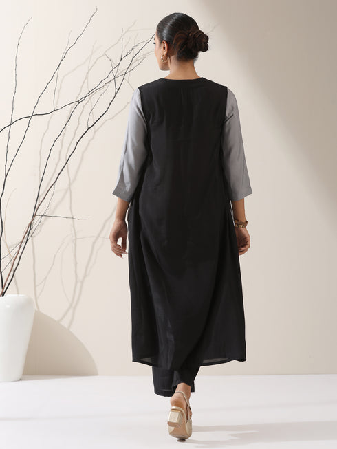 Women's Grey & Black Triangle Kurta with Striped Detailing and Pants | 2 Pc Set, Modern Ethnic Co-ord, Contemporary Color Block Style