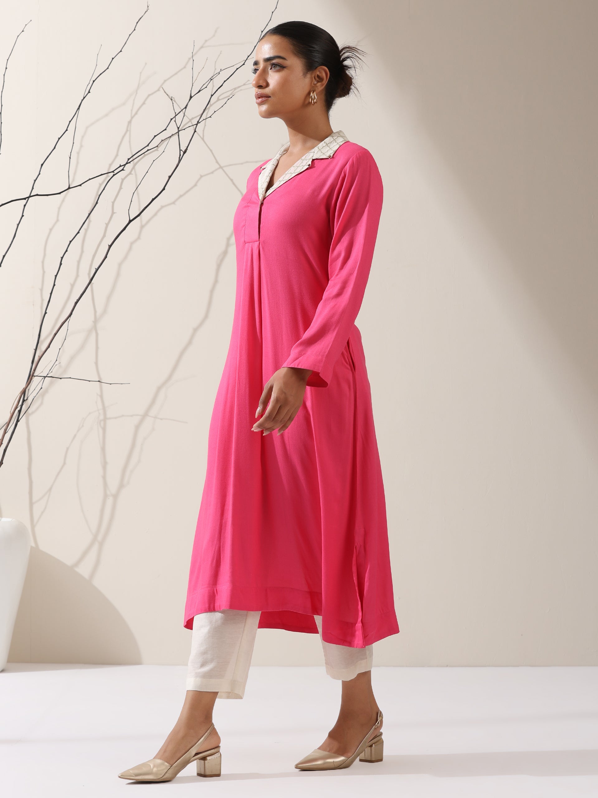 Women's Pink Viscose Kurta with Chanderi Moroccan Collar & Pants | 2 Pc Set, Elegant Ethnic Co-ord, Viscose Top & Chanderi Cotton Bottom