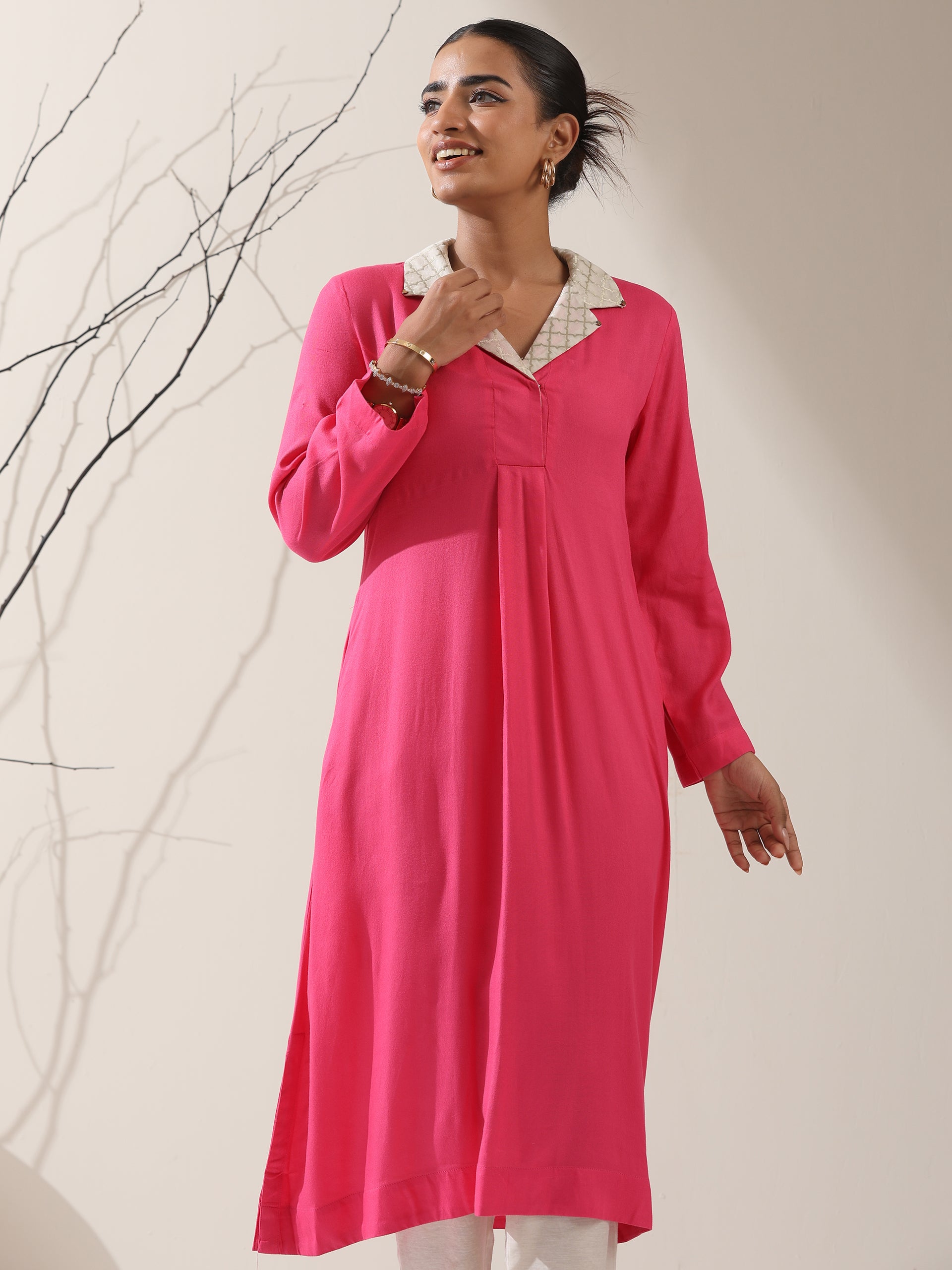 Women's Pink Viscose Kurta with Chanderi Moroccan Collar & Pants | 2 Pc Set, Elegant Ethnic Co-ord, Viscose Top & Chanderi Cotton Bottom