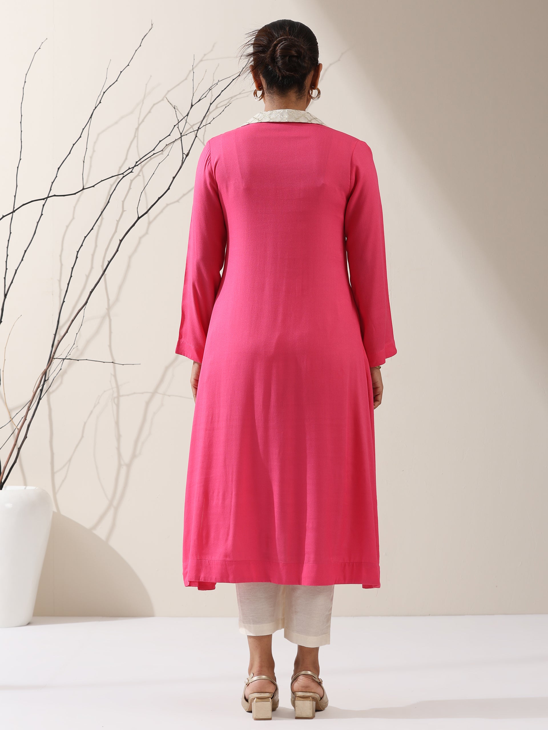 Women's Pink Viscose Kurta with Chanderi Moroccan Collar & Pants | 2 Pc Set, Elegant Ethnic Co-ord, Viscose Top & Chanderi Cotton Bottom