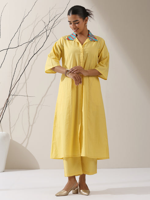 Women's Sun Glow Cotton Paneled Kurta with Printed Collar & Pants | 2 Pc Set, Bright Ethnic Co-ord, Easy & Stylish Daywear