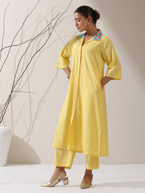Women's Sun Glow Cotton Paneled Kurta with Printed Collar & Pants | 2 Pc Set, Bright Ethnic Co-ord, Easy & Stylish Daywear