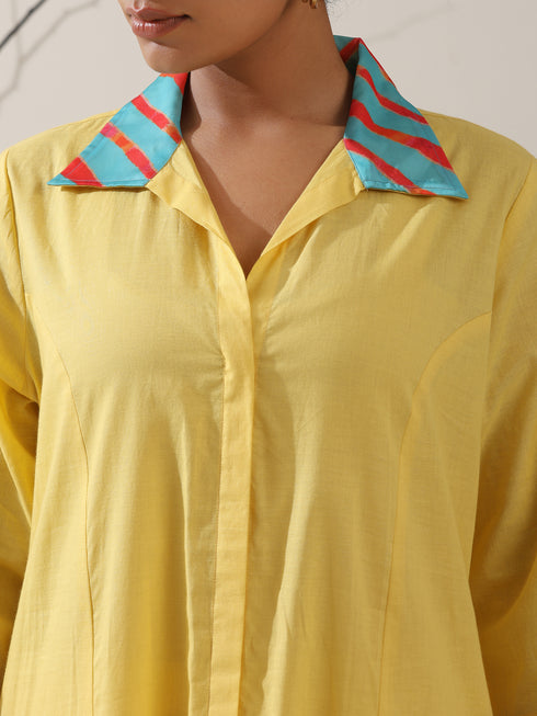 Women's Sun Glow Cotton Paneled Kurta with Printed Collar & Pants | 2 Pc Set, Bright Ethnic Co-ord, Easy & Stylish Daywear