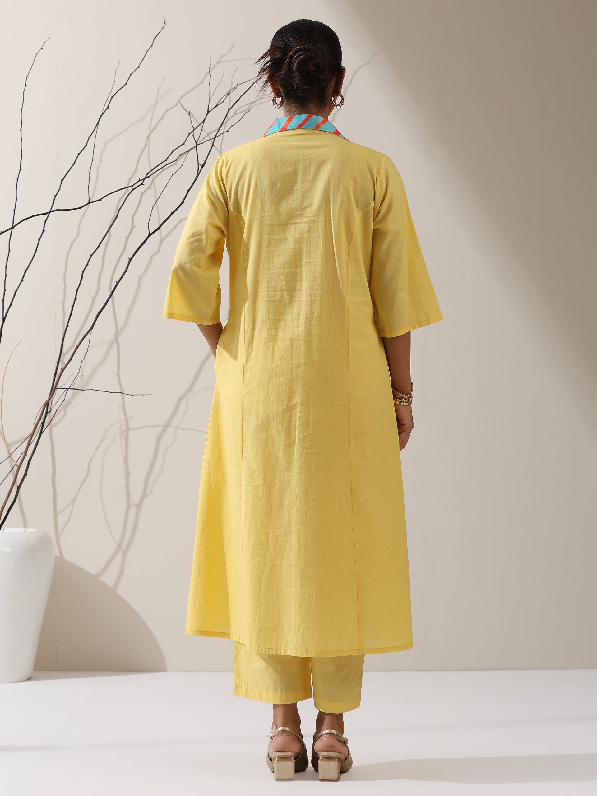 Women's Sun Glow Cotton Paneled Kurta with Printed Collar & Pants | 2 Pc Set, Bright Ethnic Co-ord, Easy & Stylish Daywear