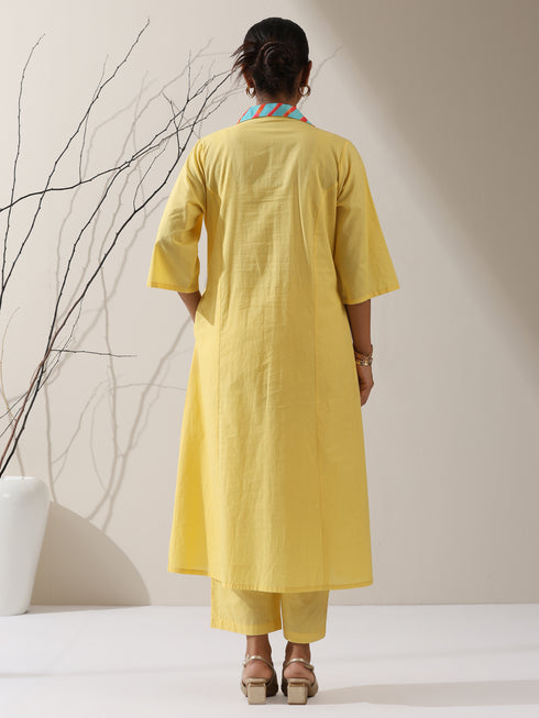 Women's Sun Glow Cotton Paneled Kurta with Printed Collar & Pants | 2 Pc Set, Bright Ethnic Co-ord, Easy & Stylish Daywear